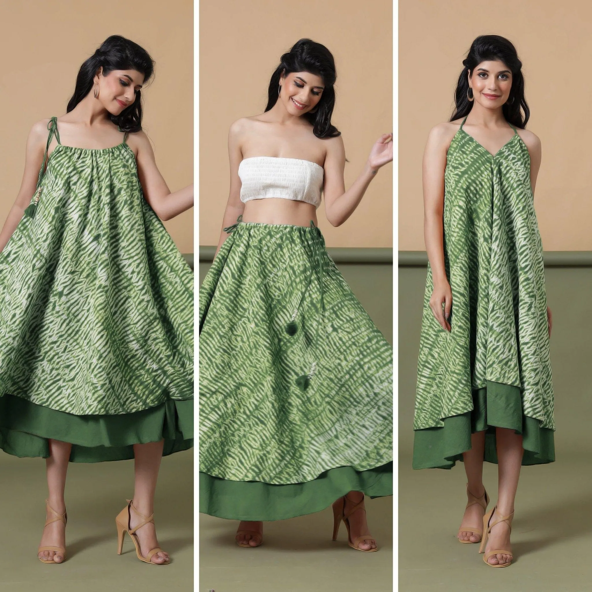 6-Way Convertible Forest Green Tie-Dye Cotton Skirt Dress