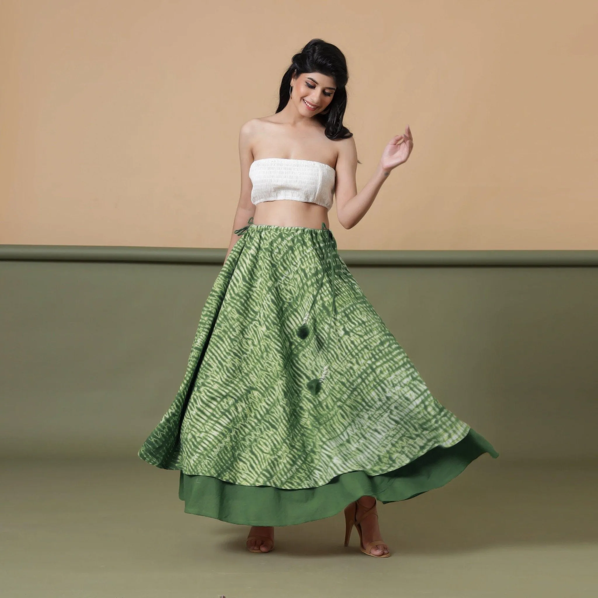 6-Way Convertible Forest Green Tie-Dye Cotton Skirt Dress