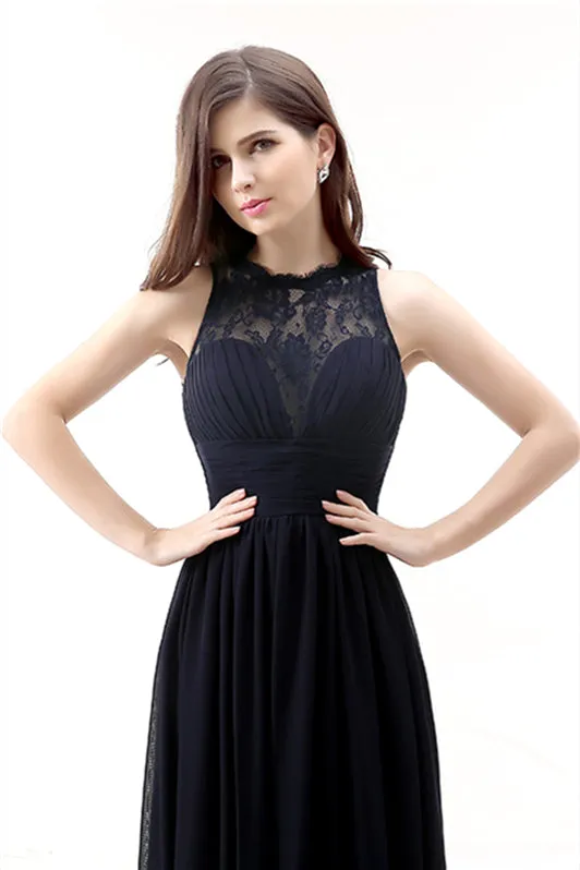 A Line Sleeveless Lace Chiffon Long Black Prom Dresses