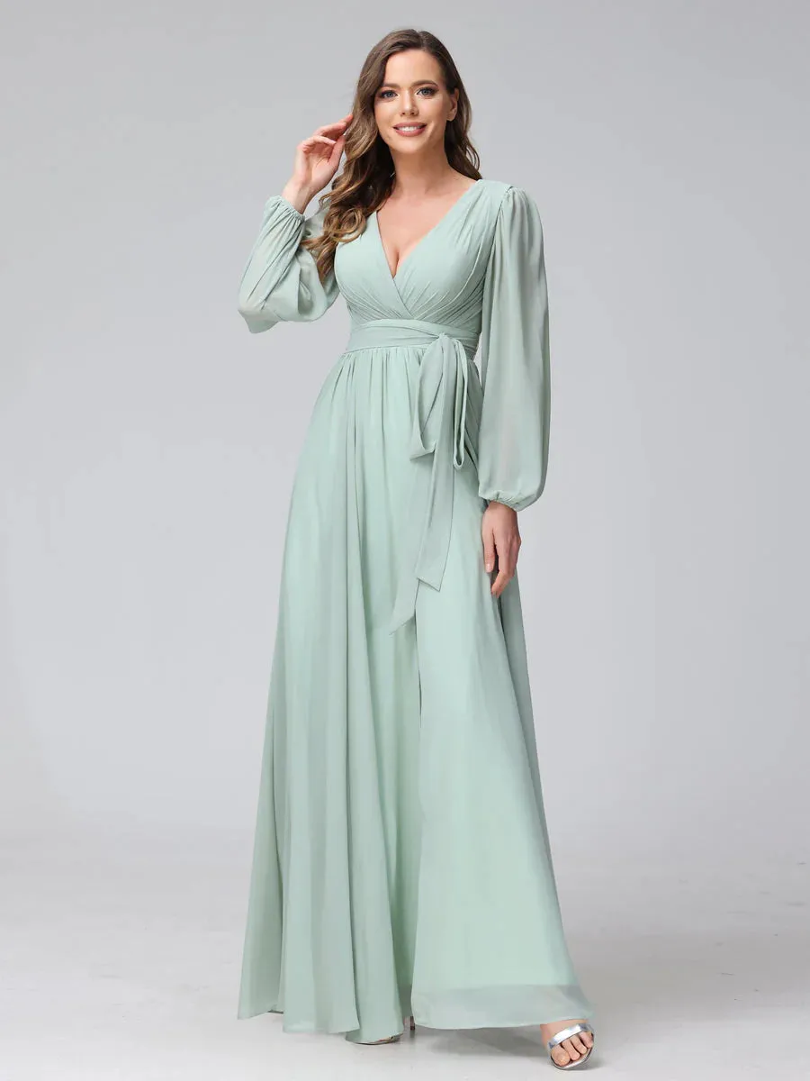 A-Line V-Neck Long Sleeves Chiffon Long Bridesmaid Dresses With Ruffles Split Side