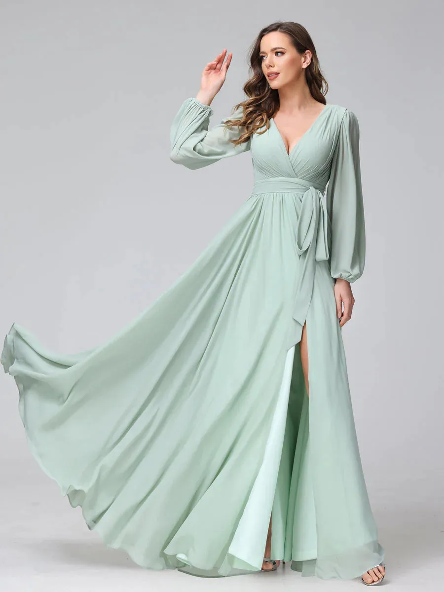 A-Line V-Neck Long Sleeves Chiffon Long Bridesmaid Dresses With Ruffles Split Side