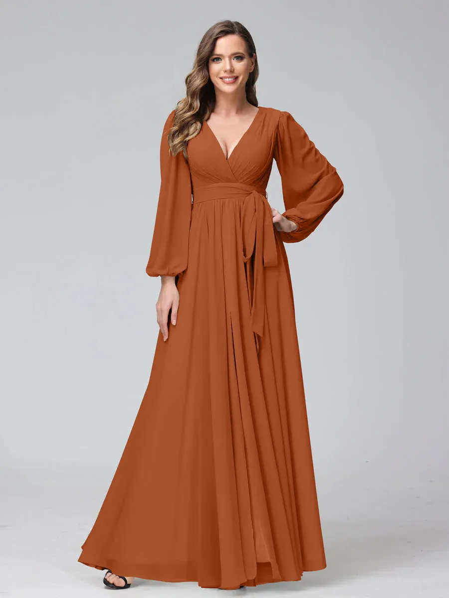 A-Line V-Neck Long Sleeves Chiffon Long Bridesmaid Dresses With Ruffles Split Side