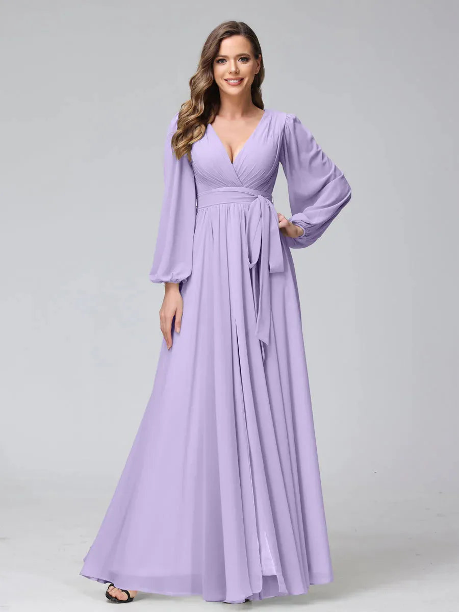 A-Line V-Neck Long Sleeves Chiffon Long Bridesmaid Dresses With Ruffles Split Side