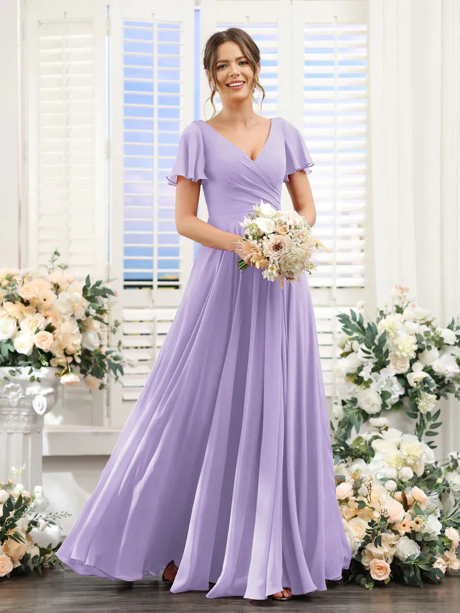 A-Line V-Neck Short Sleeves Split Side Ruched Chiffon Bridesmaid Dresses