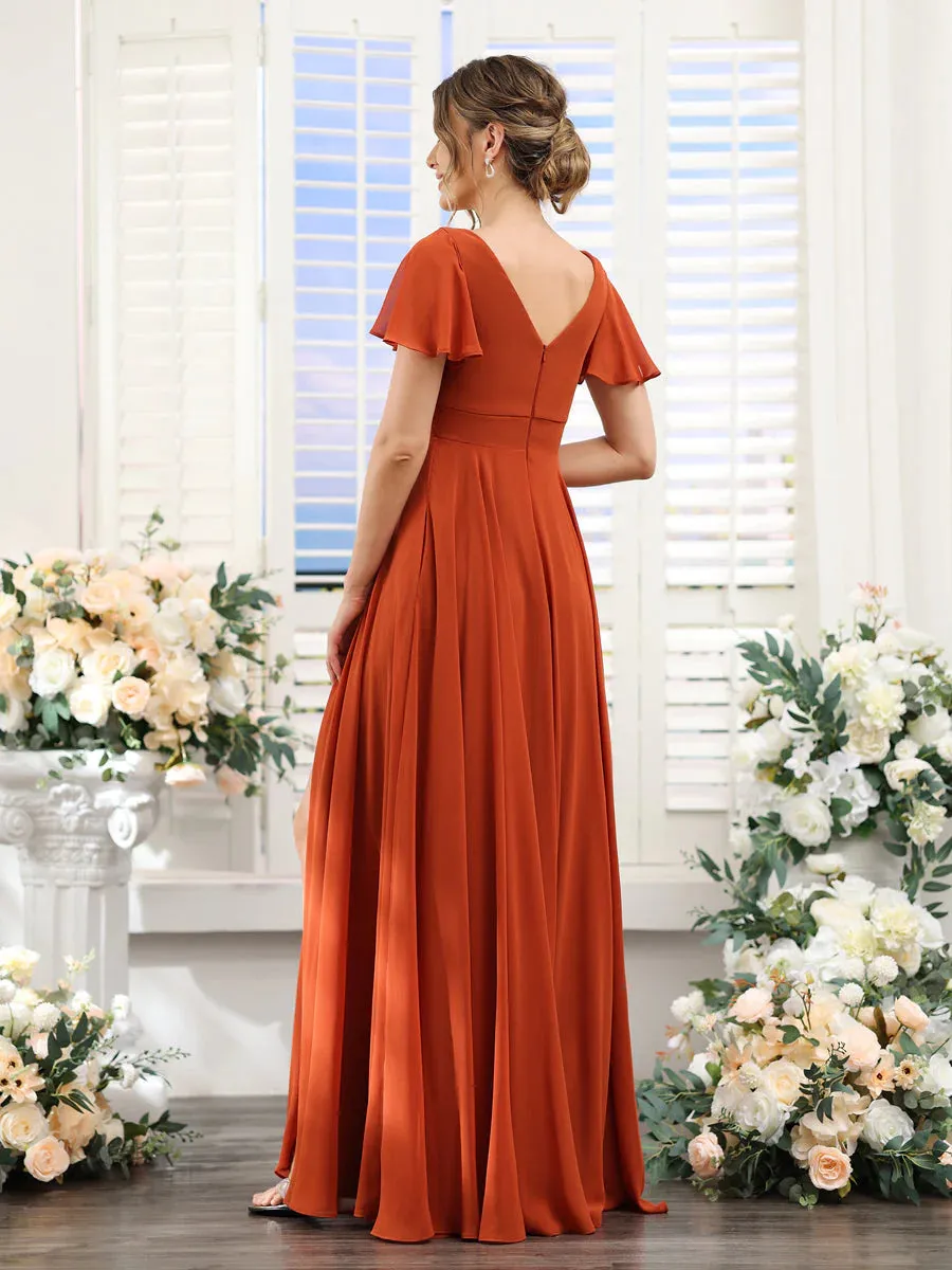 A-Line V-Neck Short Sleeves Split Side Ruched Chiffon Bridesmaid Dresses