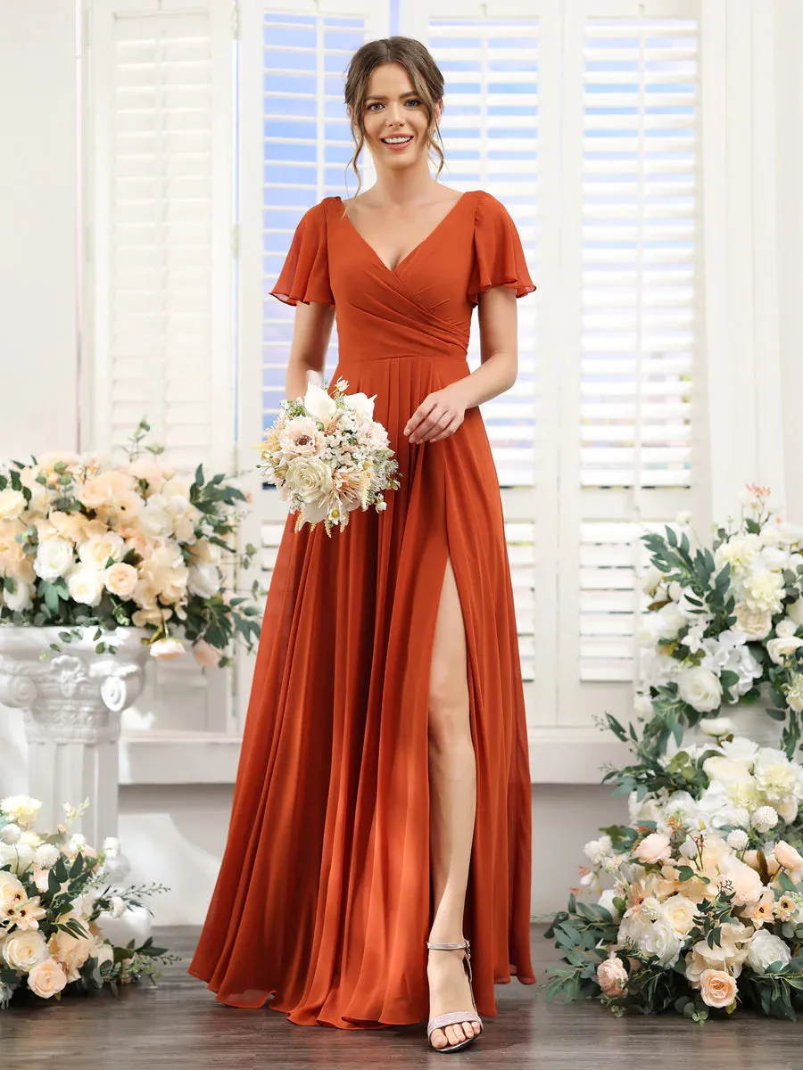 A-Line V-Neck Short Sleeves Split Side Ruched Chiffon Bridesmaid Dresses