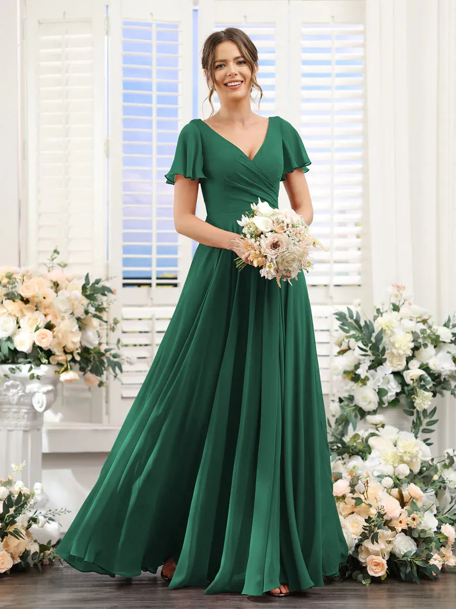 A-Line V-Neck Short Sleeves Split Side Ruched Chiffon Bridesmaid Dresses