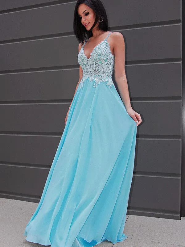 A-Line/Princess Chiffon Applique Sleeveless V-neck Sweep/Brush Train Dresses