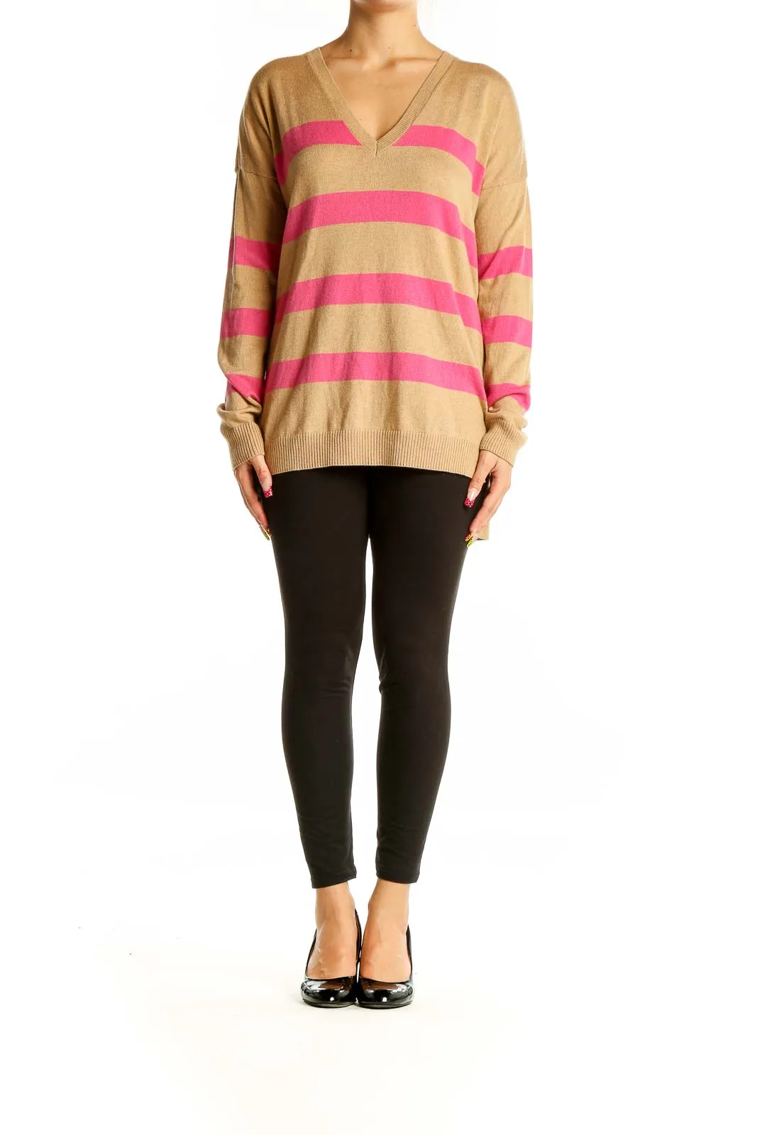 Camel and Pink Striped V-Neck Sweater