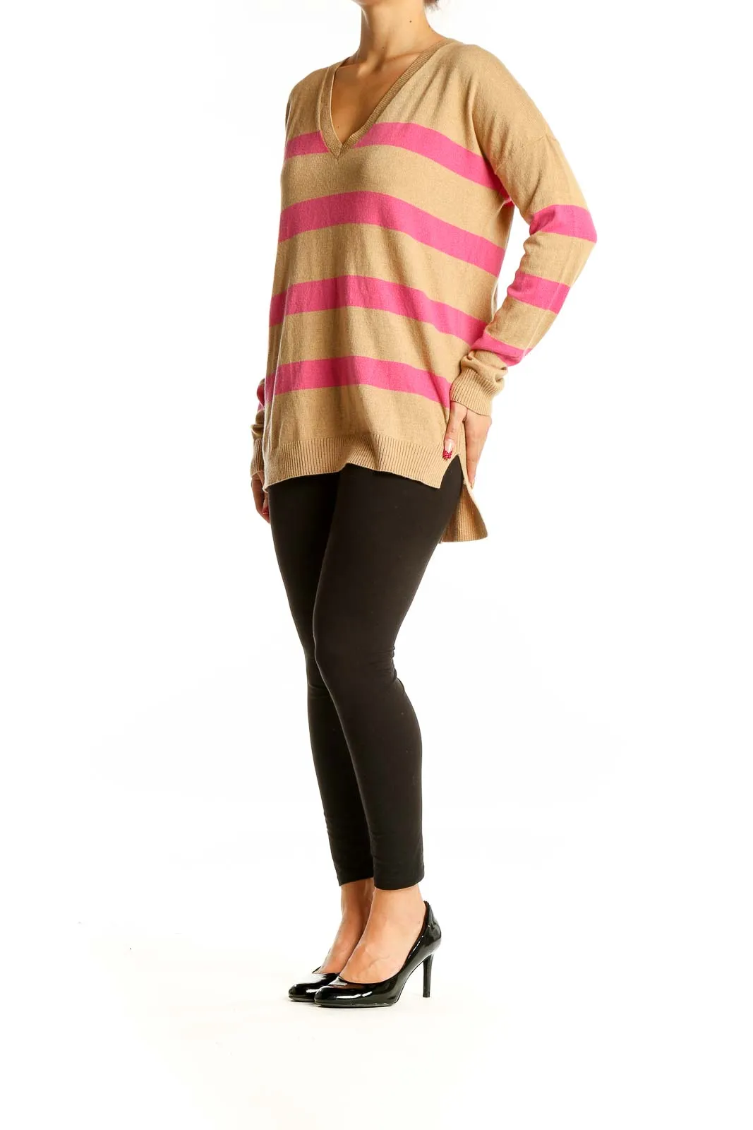 Camel and Pink Striped V-Neck Sweater