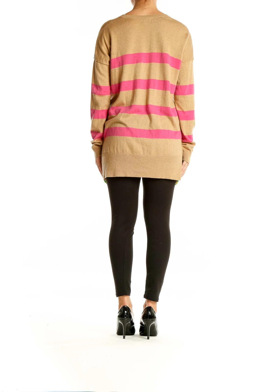 Camel and Pink Striped V-Neck Sweater