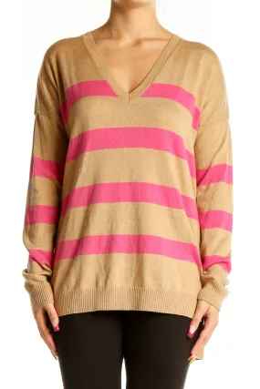 Camel and Pink Striped V-Neck Sweater