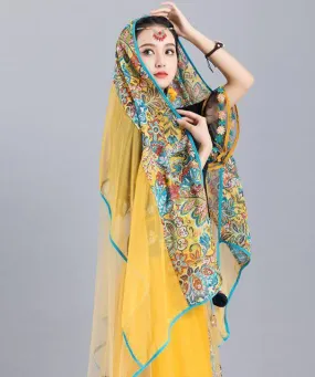 Casual Yellow Tasseled Print Chiffon Shawl