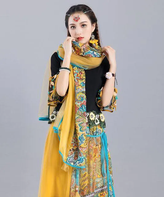 Casual Yellow Tasseled Print Chiffon Shawl