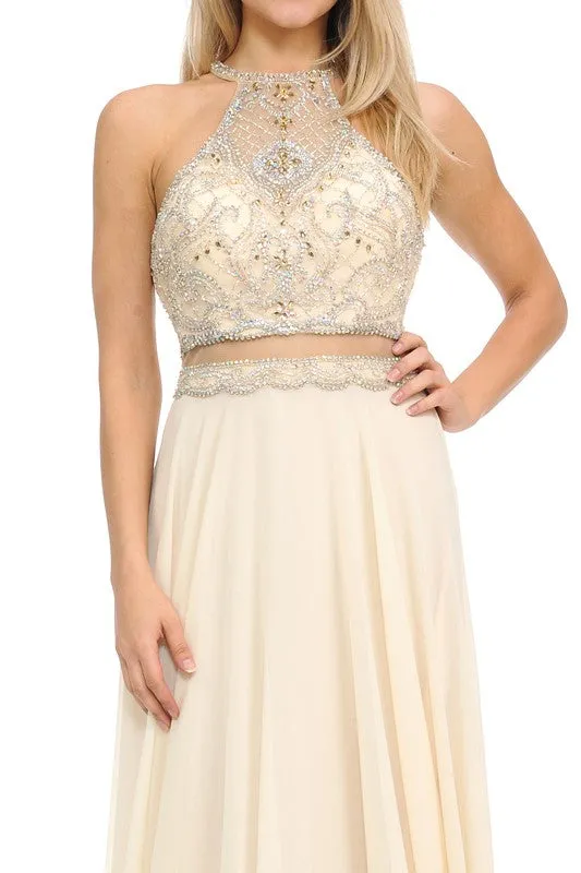 Champagne Gold Sheer Illusion Halter Razor Embellish Prom Dress