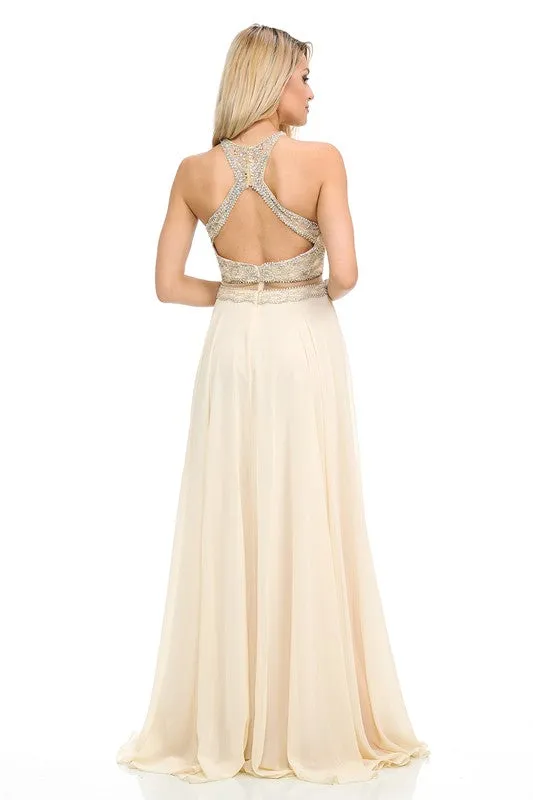 Champagne Gold Sheer Illusion Halter Razor Embellish Prom Dress