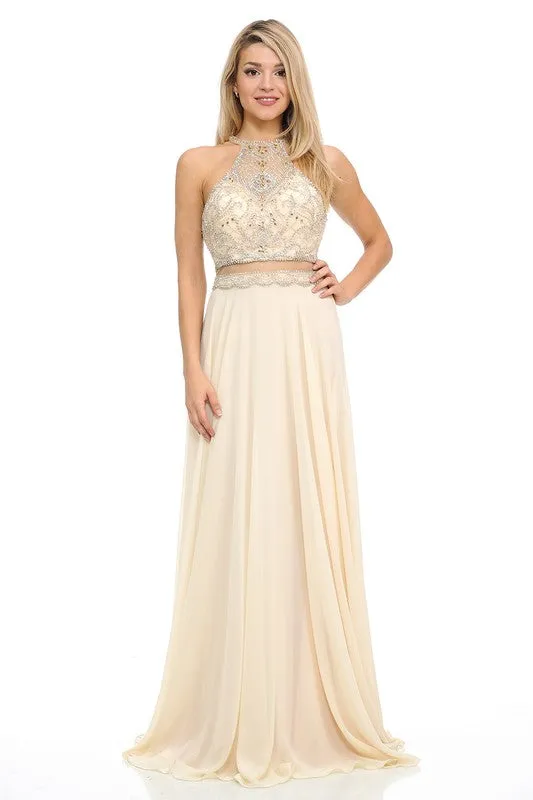 Champagne Gold Sheer Illusion Halter Razor Embellish Prom Dress