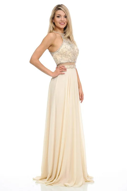 Champagne Gold Sheer Illusion Halter Razor Embellish Prom Dress