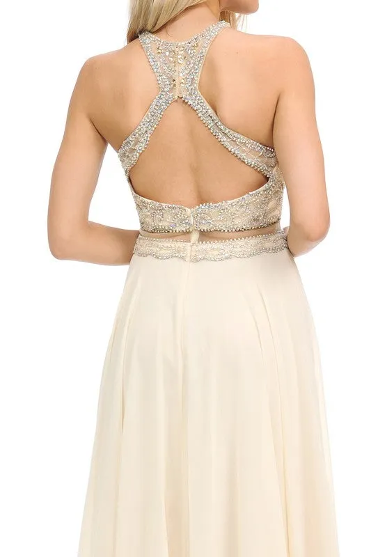 Champagne Gold Sheer Illusion Halter Razor Embellish Prom Dress