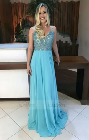 Chiffon Prom Dresses A-line Long V Neck Evening Dresses