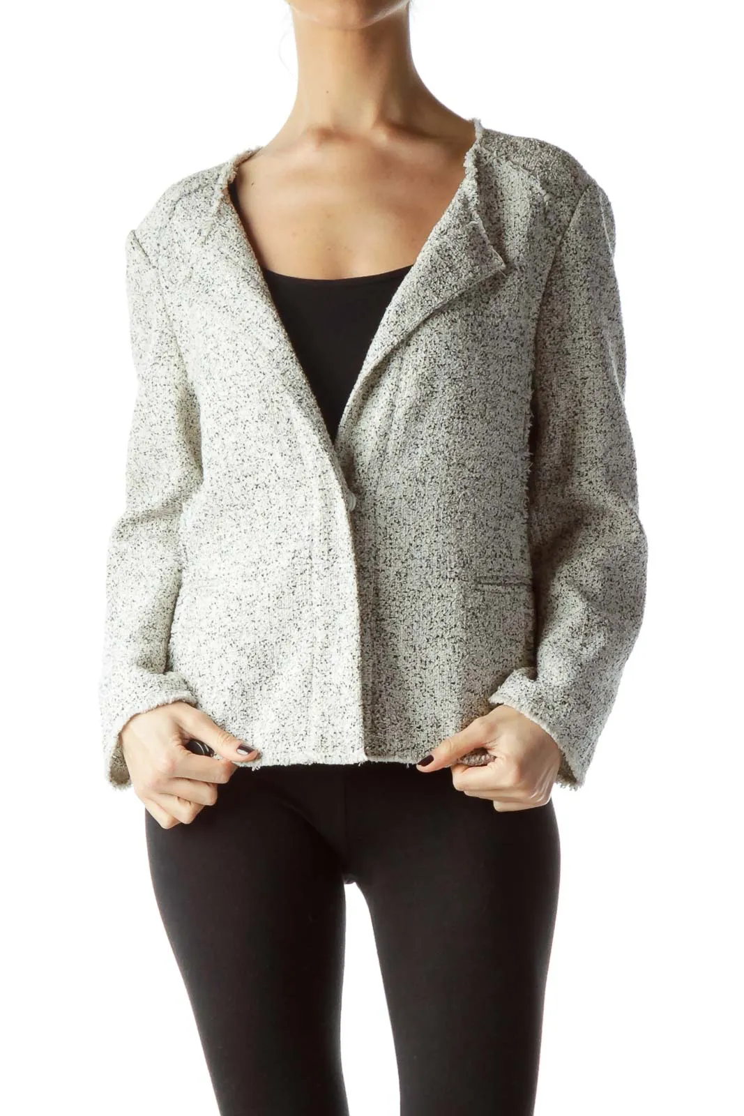 Cream Black V-Neck Textured Blazer