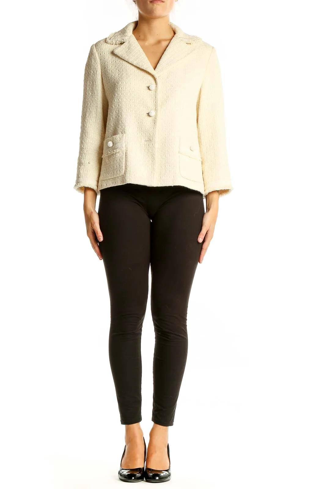 Cream Textured Cotton Blend Blazer