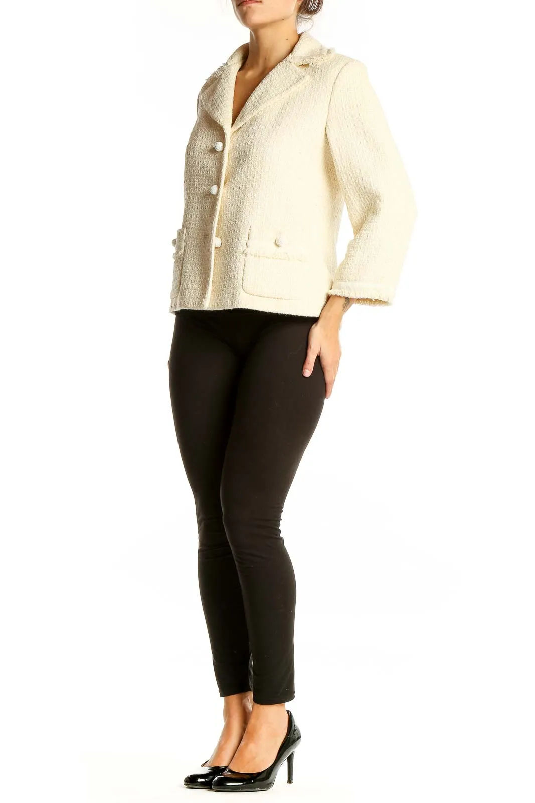 Cream Textured Cotton Blend Blazer