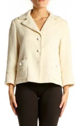 Cream Textured Cotton Blend Blazer