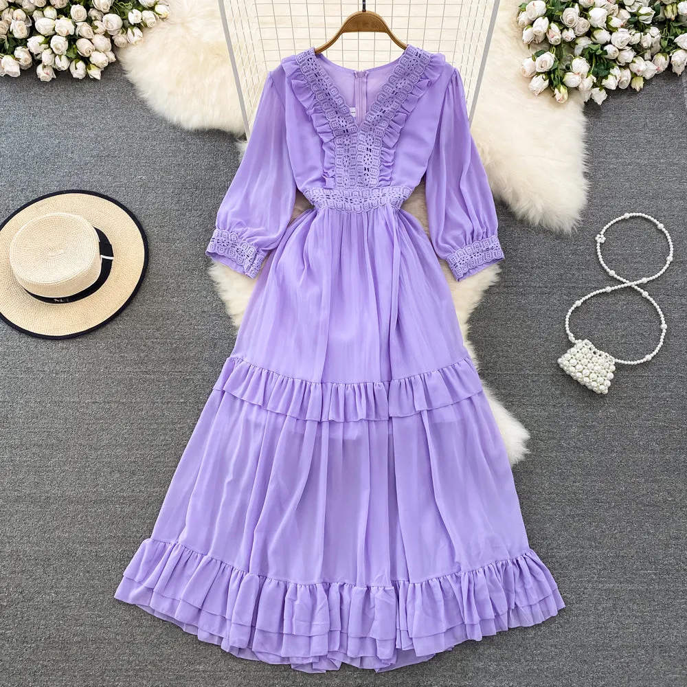 Cute A-line Chiffon Dresses, V-neck 1/2 Sleeve Fashion Dresses     S4413