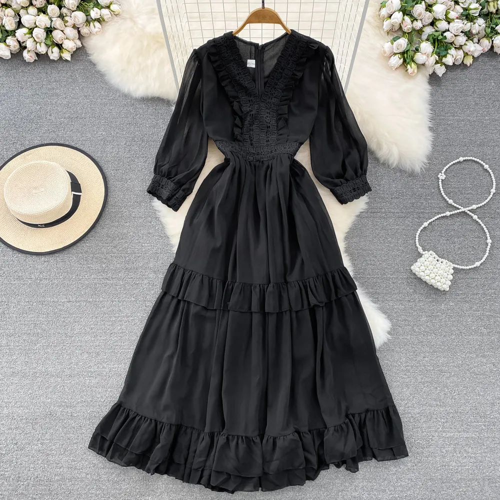 Cute A-line Chiffon Dresses, V-neck 1/2 Sleeve Fashion Dresses     S4413