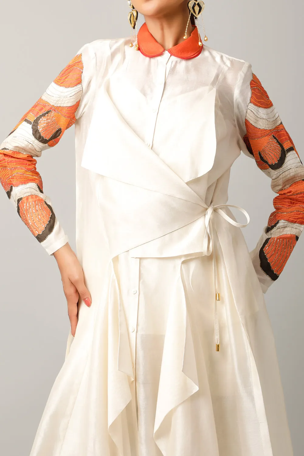 Draped Shirt With Fish Detail On The Sleeves   Inner Slip   Pants