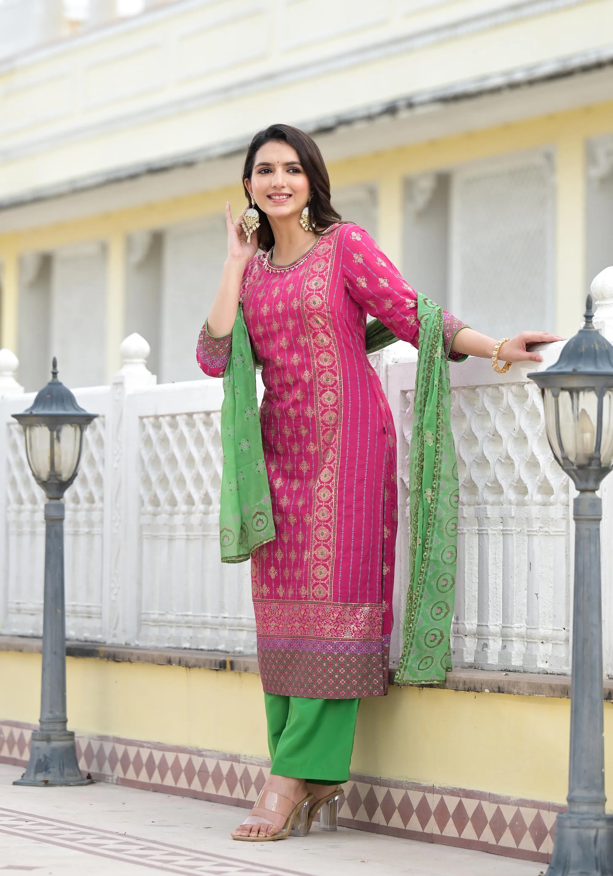 Fuchsia Ethnic Motif Printed Muslin Kurta Pant With Dupatta Set With Beads & Sequins