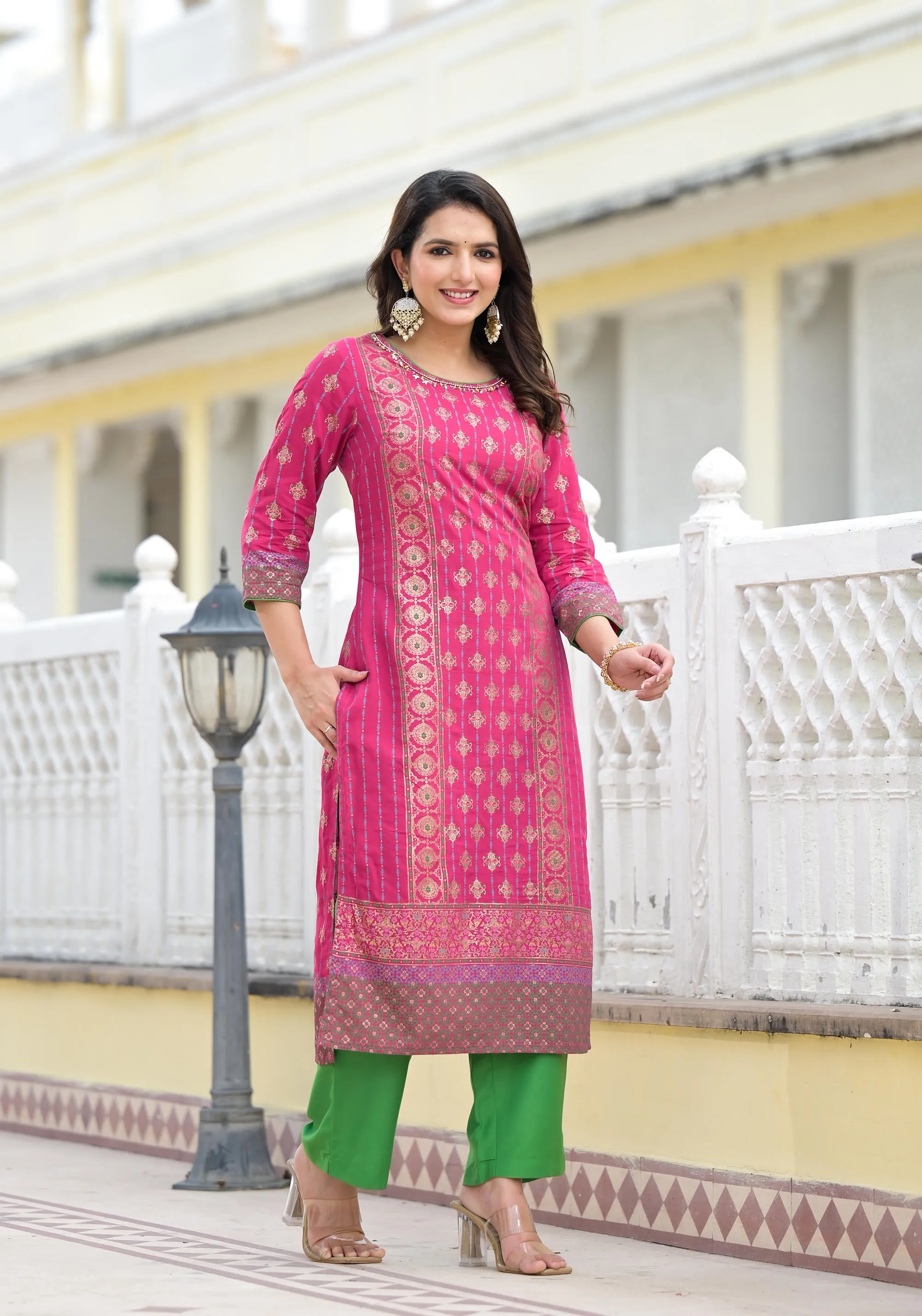 Fuchsia Ethnic Motif Printed Muslin Kurta Pant With Dupatta Set With Beads & Sequins