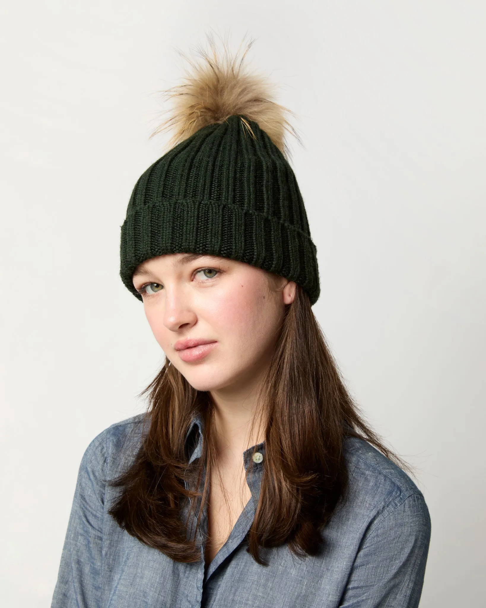 Fur Pom-Pom Beanie in Bottle Green Extra Fine Merino