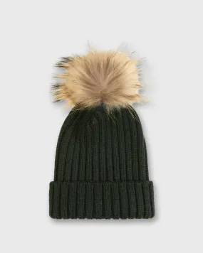 Fur Pom-Pom Beanie in Bottle Green Extra Fine Merino