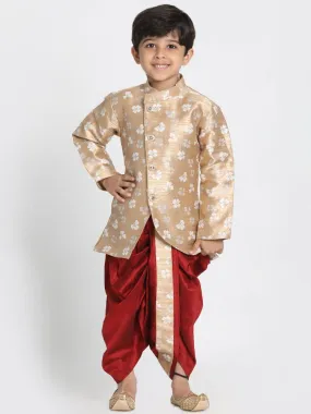 Jashvi Boys' Beige Silk Blend Sherwani and Dhoti Set