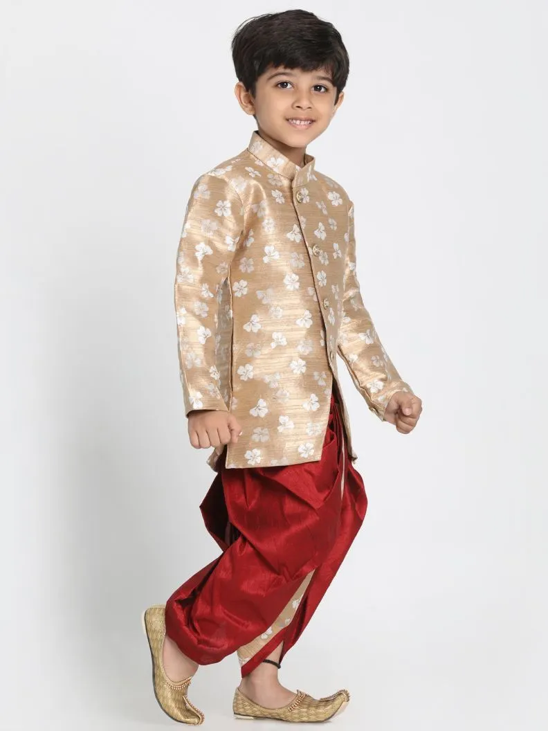 Jashvi Boys' Beige Silk Blend Sherwani and Dhoti Set