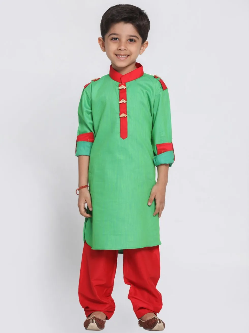 Jashvi Boys Green Cotton Pathani Suit Set