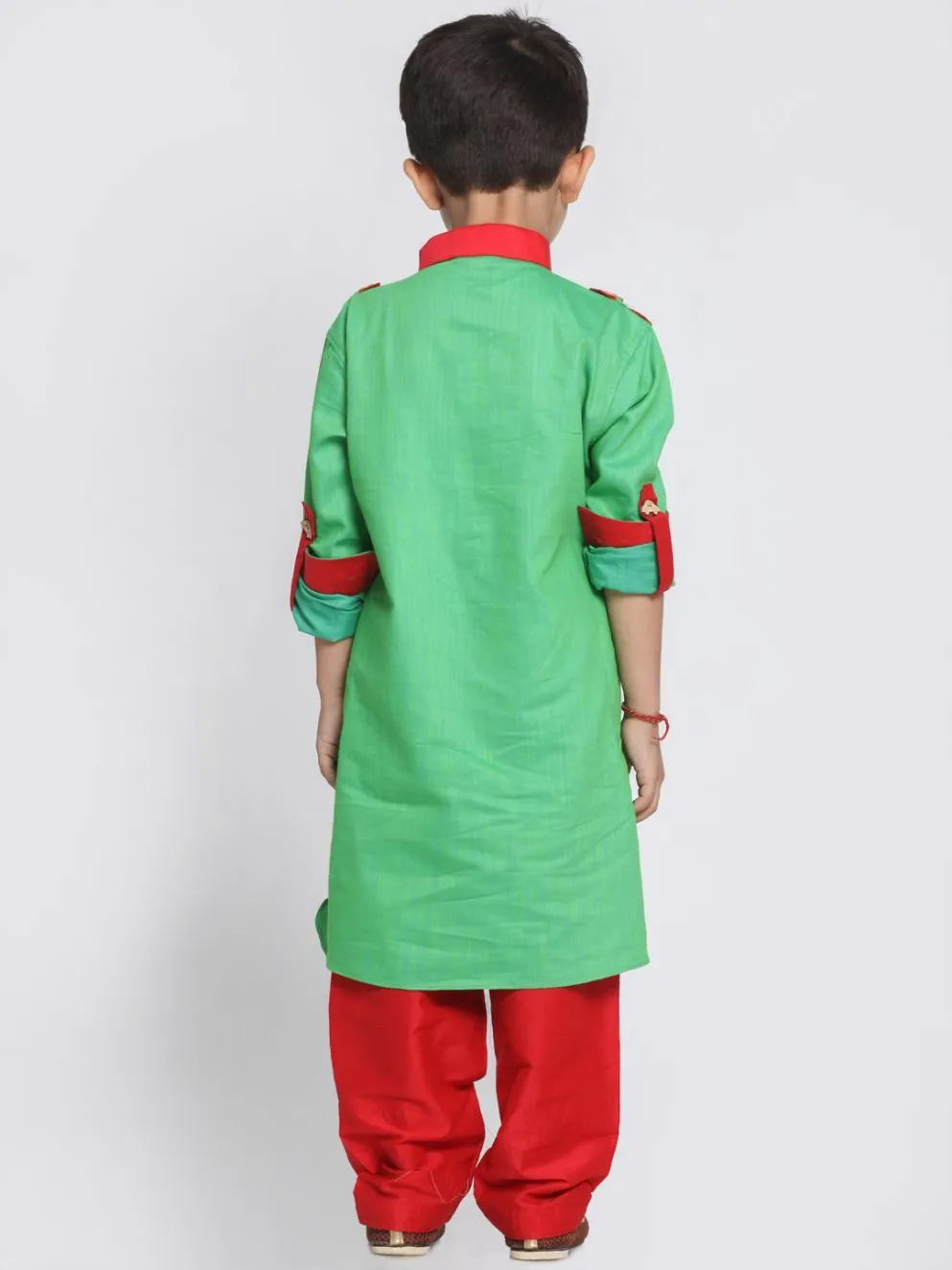 Jashvi Boys Green Cotton Pathani Suit Set