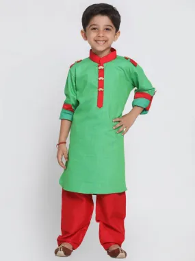 Jashvi Boys Green Cotton Pathani Suit Set