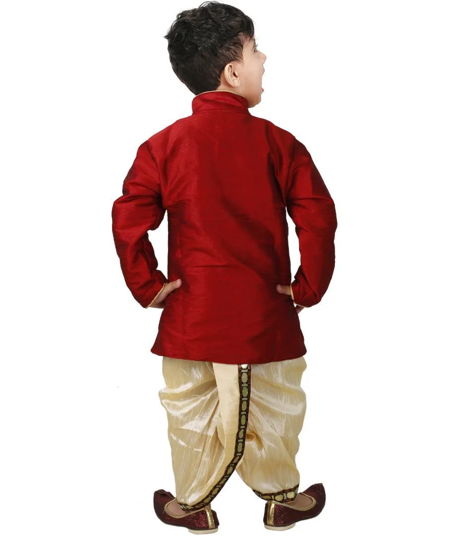 Jashvi Boys' Maroon Cotton Silk Kurta and Pyjama Set