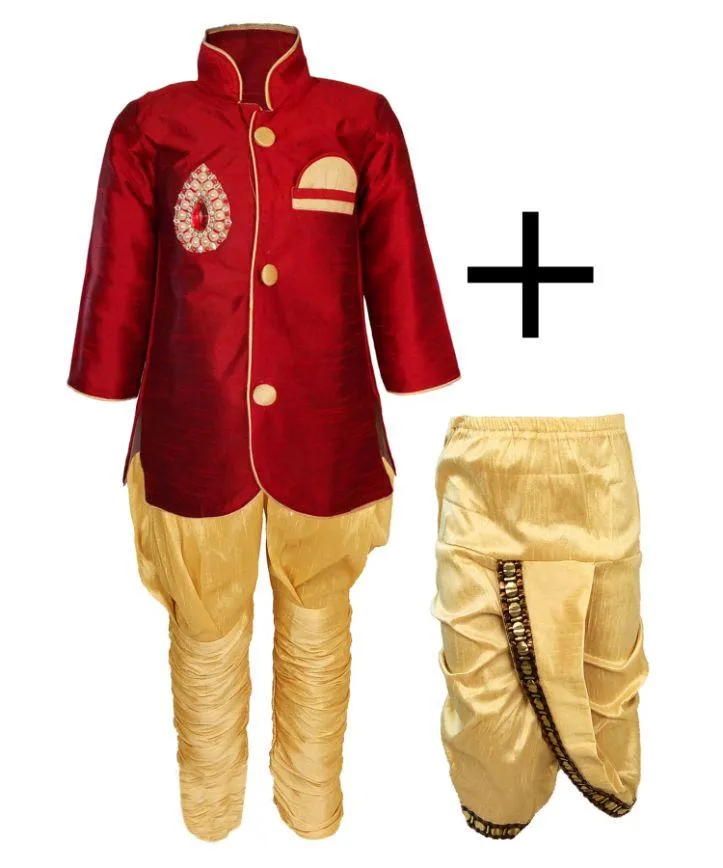 Jashvi Boys' Maroon Cotton Silk Kurta and Pyjama Set