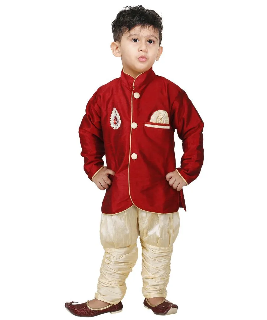 Jashvi Boys' Maroon Cotton Silk Kurta and Pyjama Set