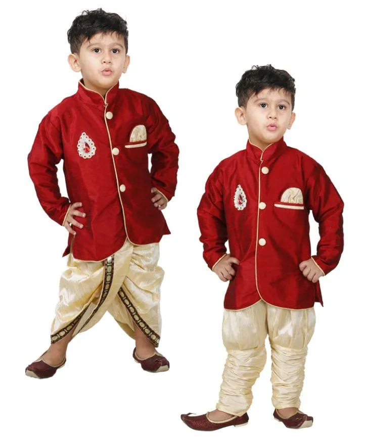 Jashvi Boys' Maroon Cotton Silk Kurta and Pyjama Set