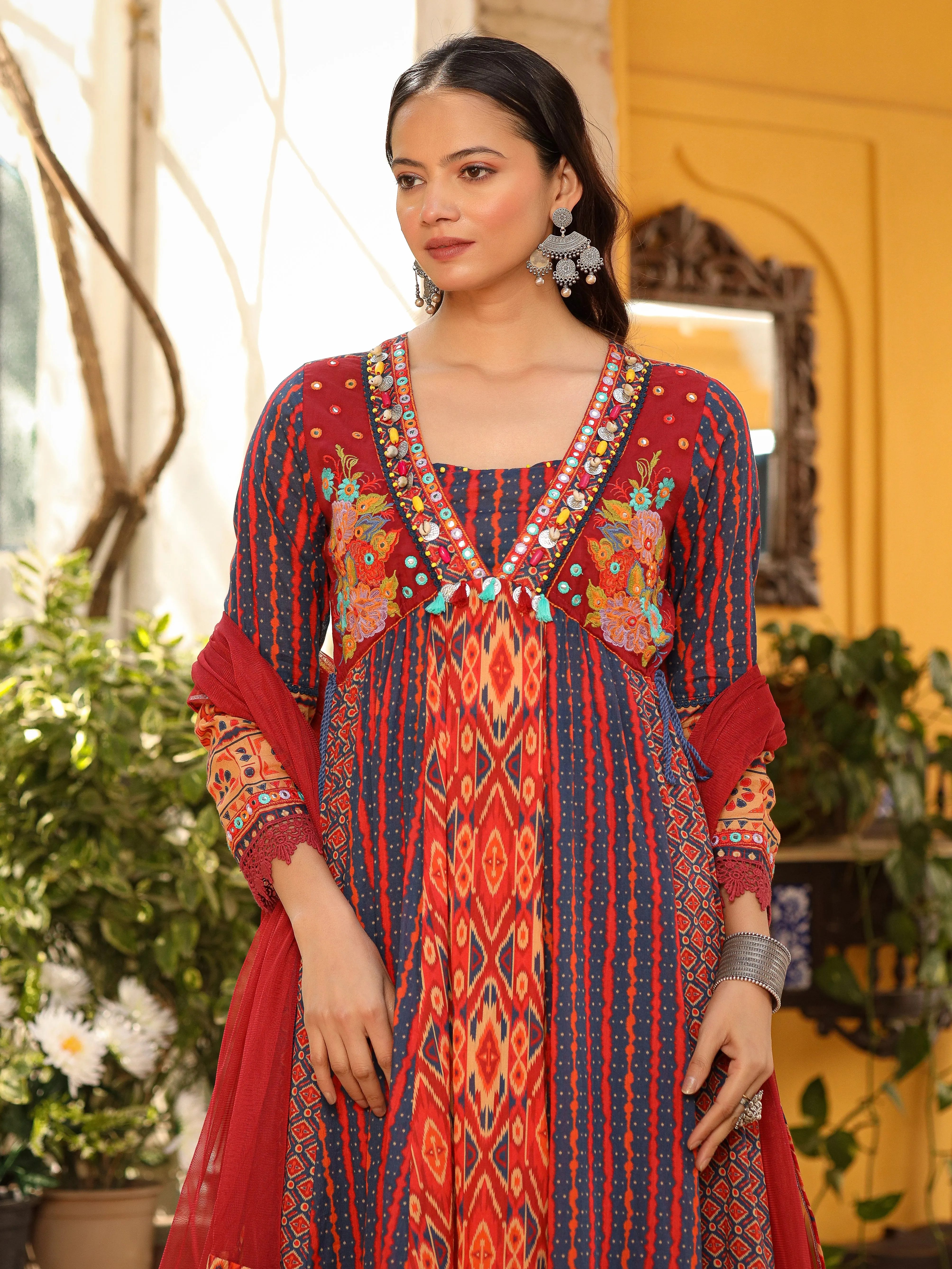 Juniper Rust Pure Cotton Ikat Printed Alia Cut Anarkali Kurta With Pant And Dupatta Set With Tassels & Thread  Embroidery