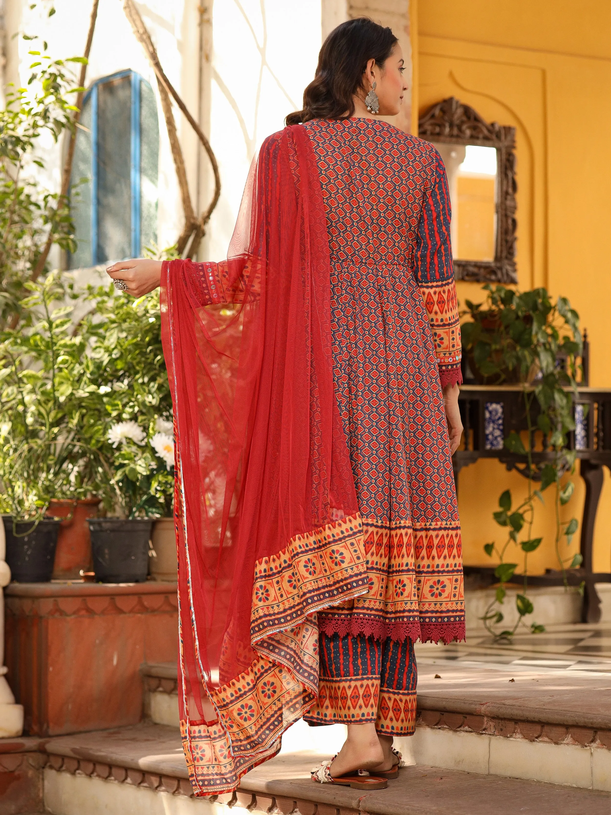 Juniper Rust Pure Cotton Ikat Printed Alia Cut Anarkali Kurta With Pant And Dupatta Set With Tassels & Thread  Embroidery