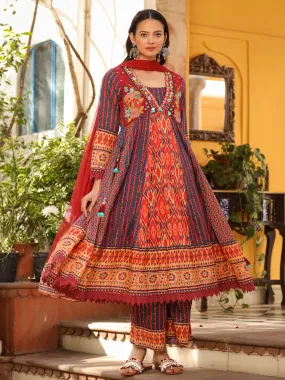 Juniper Rust Pure Cotton Ikat Printed Alia Cut Anarkali Kurta With Pant And Dupatta Set With Tassels & Thread  Embroidery