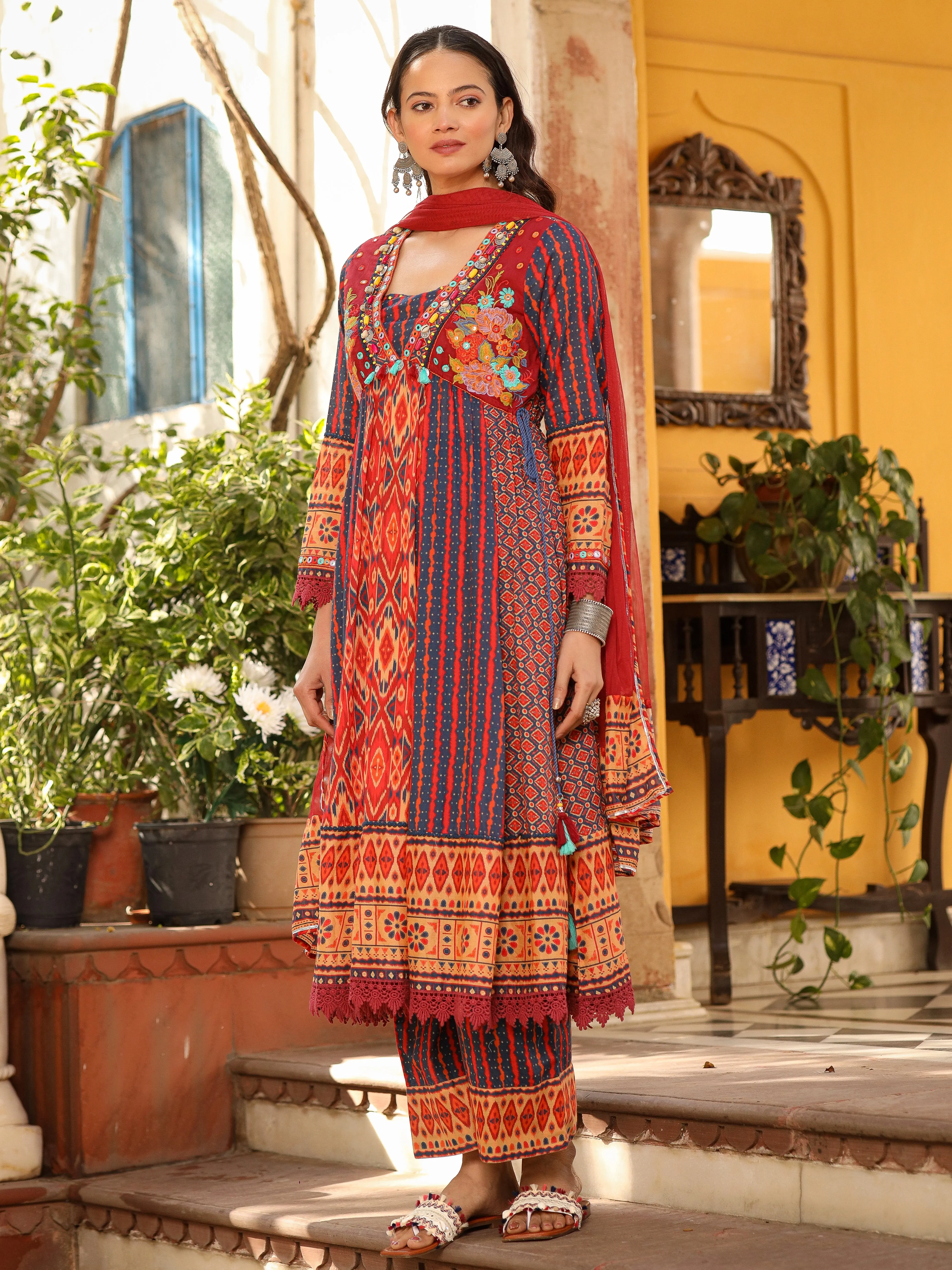 Juniper Rust Pure Cotton Ikat Printed Alia Cut Anarkali Kurta With Pant And Dupatta Set With Tassels & Thread  Embroidery