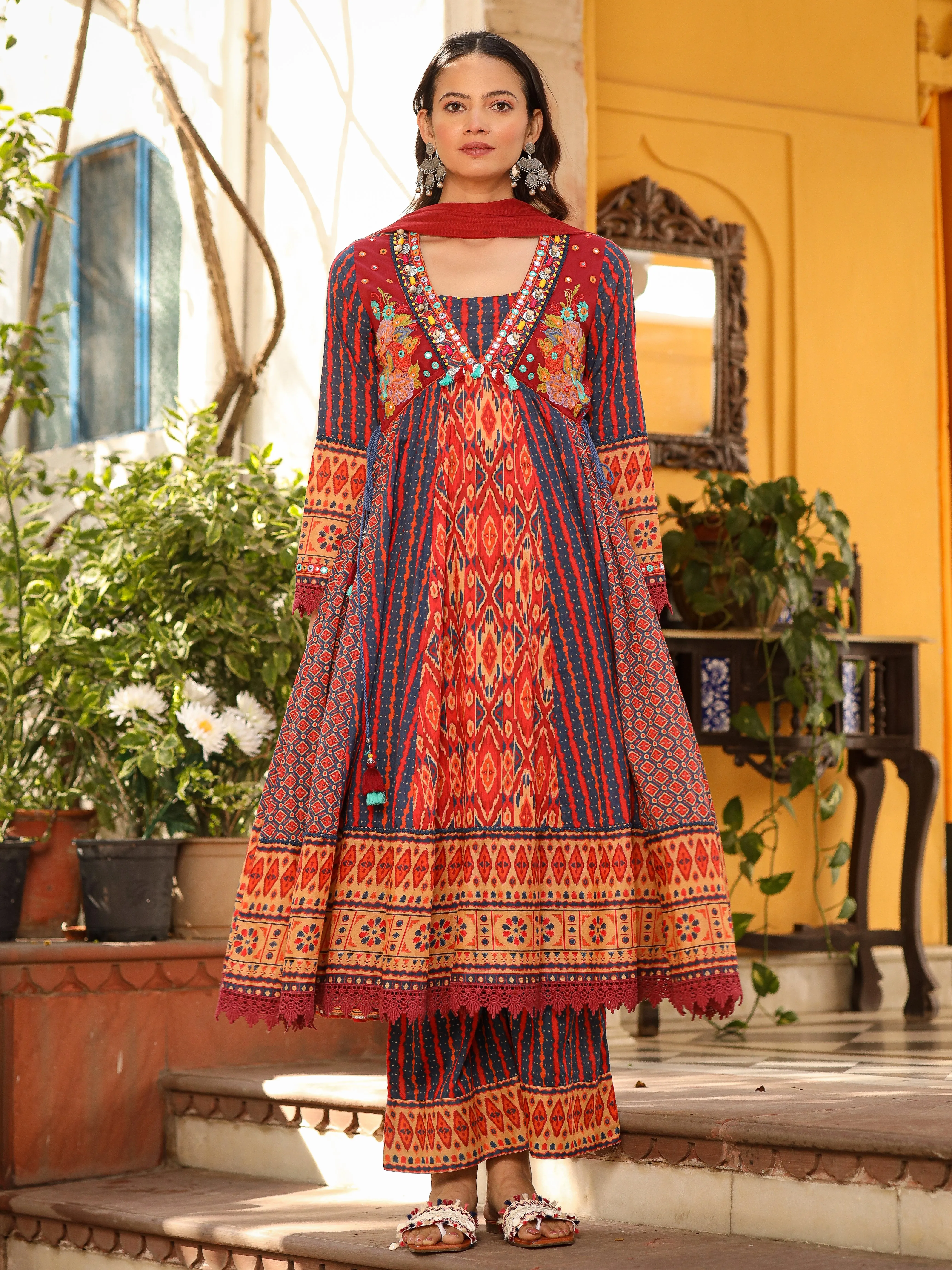 Juniper Rust Pure Cotton Ikat Printed Alia Cut Anarkali Kurta With Pant And Dupatta Set With Tassels & Thread  Embroidery