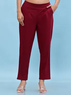 Juniper Women Maroon Solid Cotton Pants with Partially Elasticated Waistband and Two Side Pockets